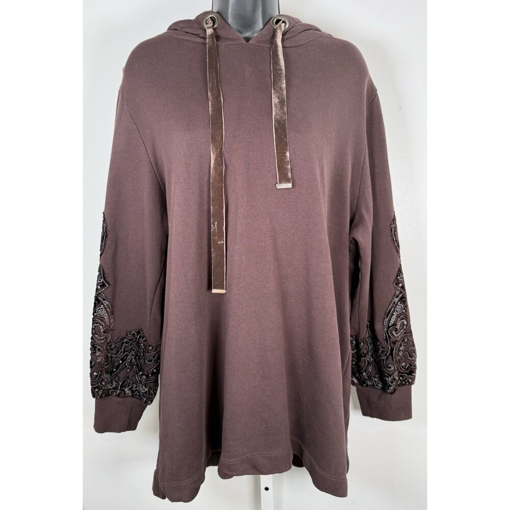 Soft Surroundings L Brown Hooded Tunic Length Velvet Trim Embellished Sleeves